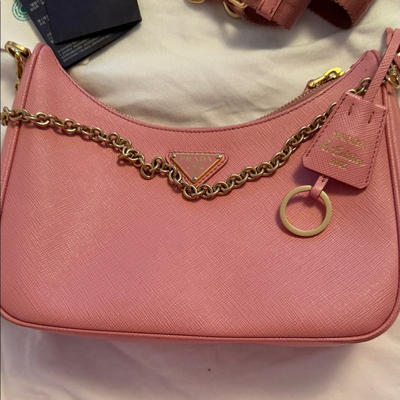 Prada Pink Saffiano Leather Shoulder Bag with Gold Chain Detail - Picture 11 of 14